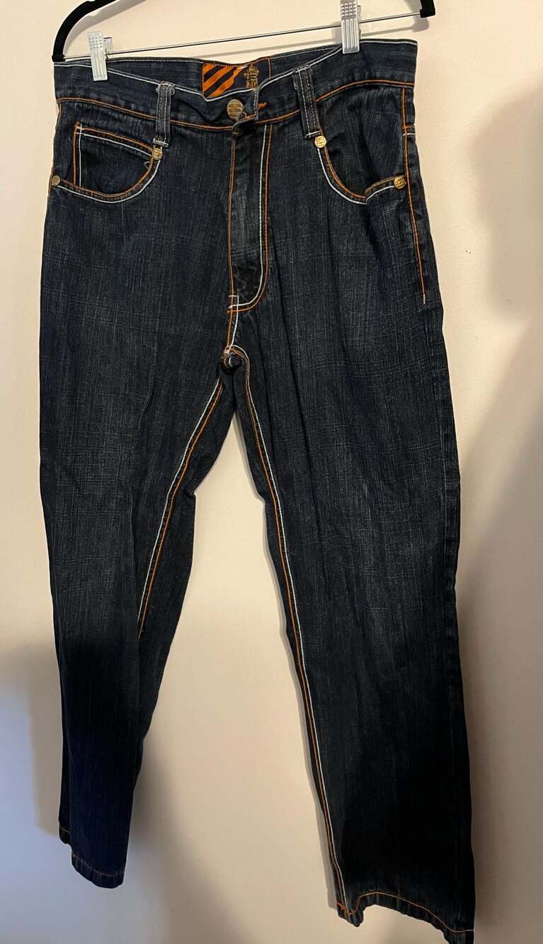 Top Shelf Collection Y2K Baggy Dark Wash Denim Jeans with Orange Embroidery Size